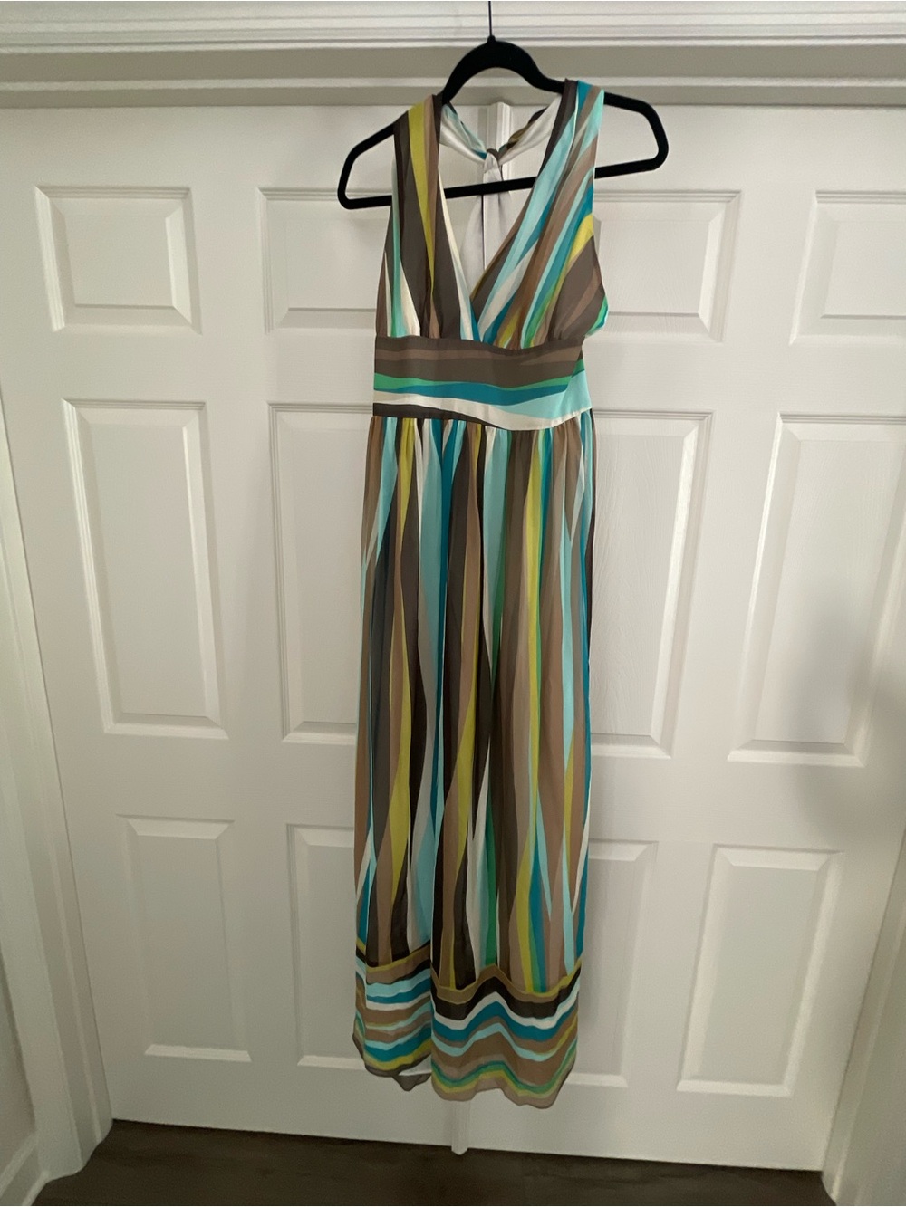Banana Republic silk Striped Maxi Dress — Teal, Brown & Yellow